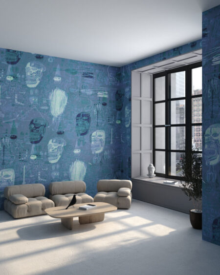 Фотообои граффити в стиле Баския паттерн с лицами на синем фоне в гостиной