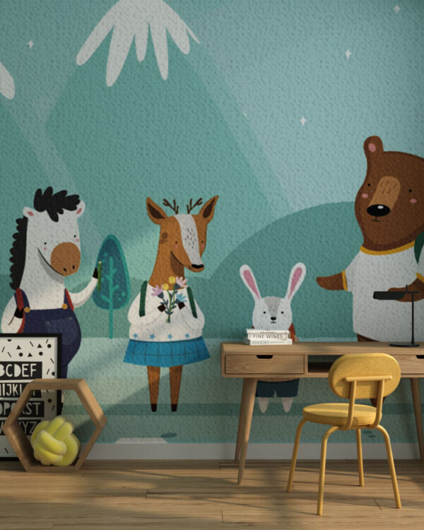 Шпалери тварини школярі та гори в графічному стилі у дитячій кімнаті