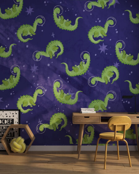Шпалери з динозаврами в скафандрах патерн на тлі фіолетового космосу в дитячій кімнаті