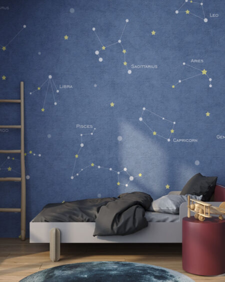 Дизайнерские фотообои созвездия с названиями на тёмно-синем фоне в детской комнате для мальчика