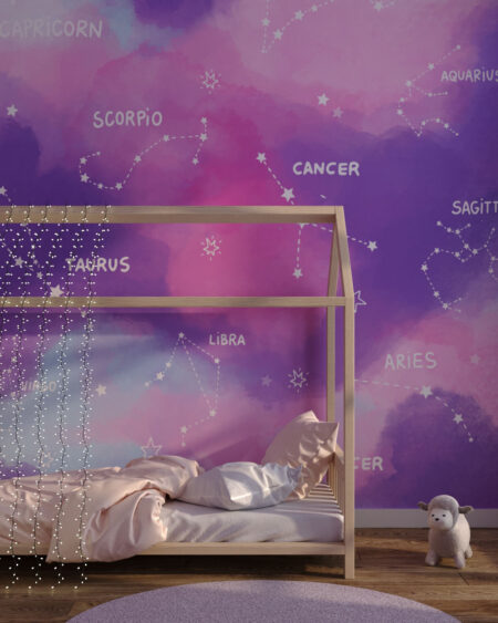 Дизайнерские фотообои созвездия на красочном фоне в детской комнате для девочки