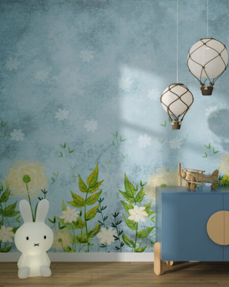 Дизайнерські фотошпалери квіти з кульбабами та зеленими рослинами у графічному стилі на блакитному тлі у дитячій кімнаті