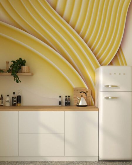 Фотообои 3д текстура волнистых объёмных линий жёлтого цвета на белом фоне на кухне