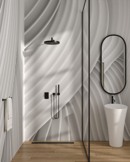 Фотообои 3д текстура волнистых объёмных линий белого цвета в ванной