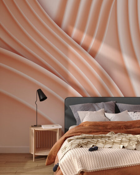 Фотошпалери 3д текстура хвилястих об'ємних ліній ніжно-рожевого кольору у спальні