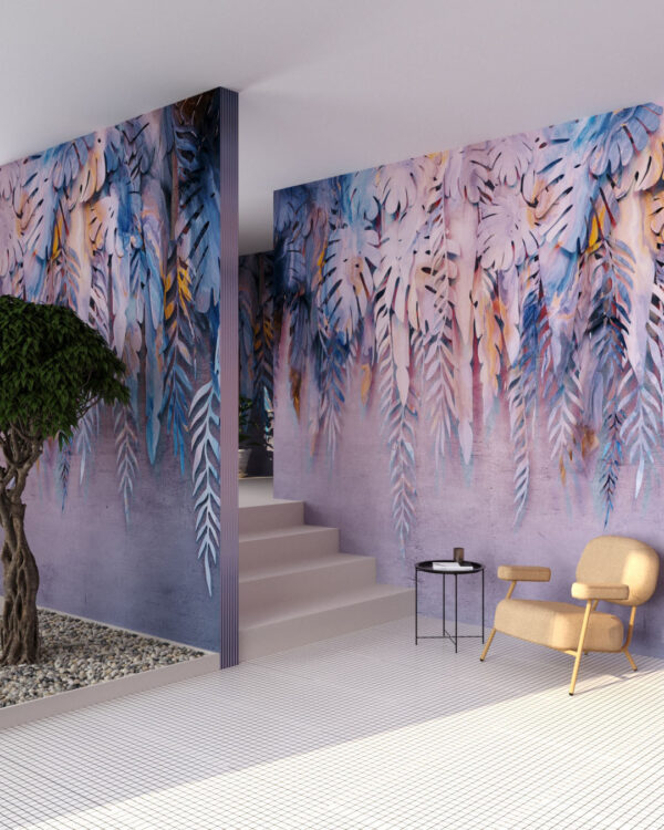 Обои тропические листья 3д с текстурой в красочных тонах на бетонном фонеОбои тропические листья 3д с текстурой в красочных тонах на бетонном фоне в гостиной