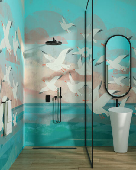 Обои море с чайками в графическом стиле в ванной комнате