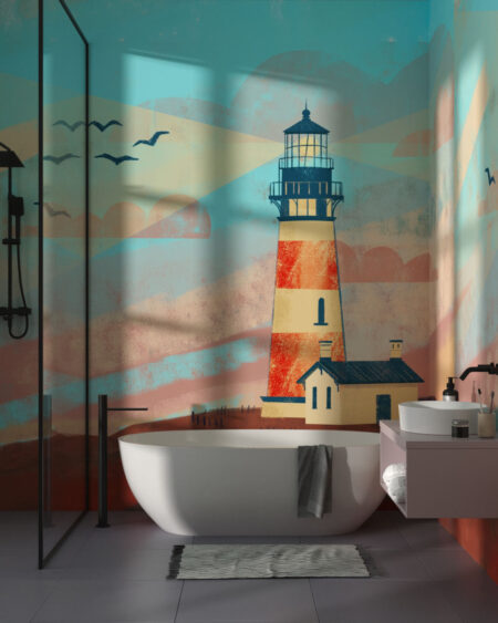 Фотошпалери маяк на коричневому пагорбі у графічному стилі у ванній