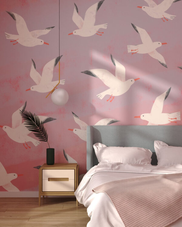 Обои чайки летящие в розовом небе паттерн в графическом стиле в спальне