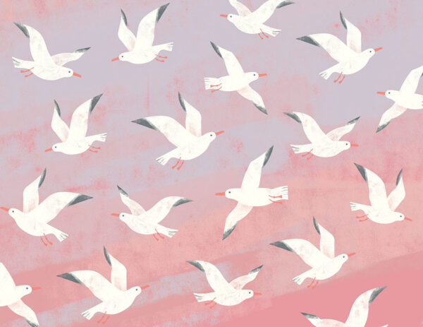 Обои чайки летящие в розовом небе паттерн в графическом стиле