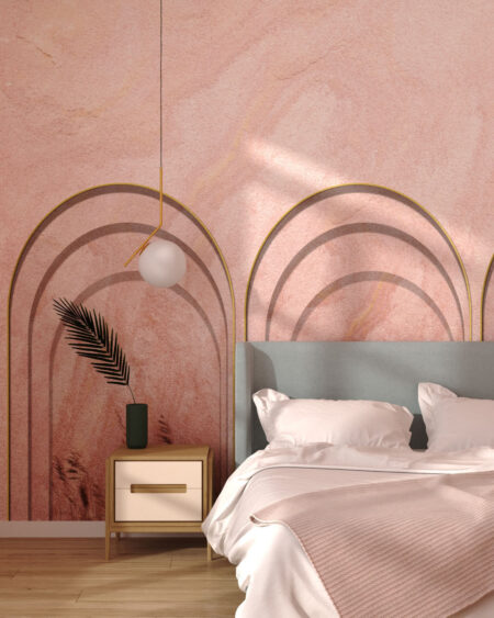 Фотообои арки 3д с текстурой декоративной штукатурки в розово-бежевых тонах с колосками в спальне