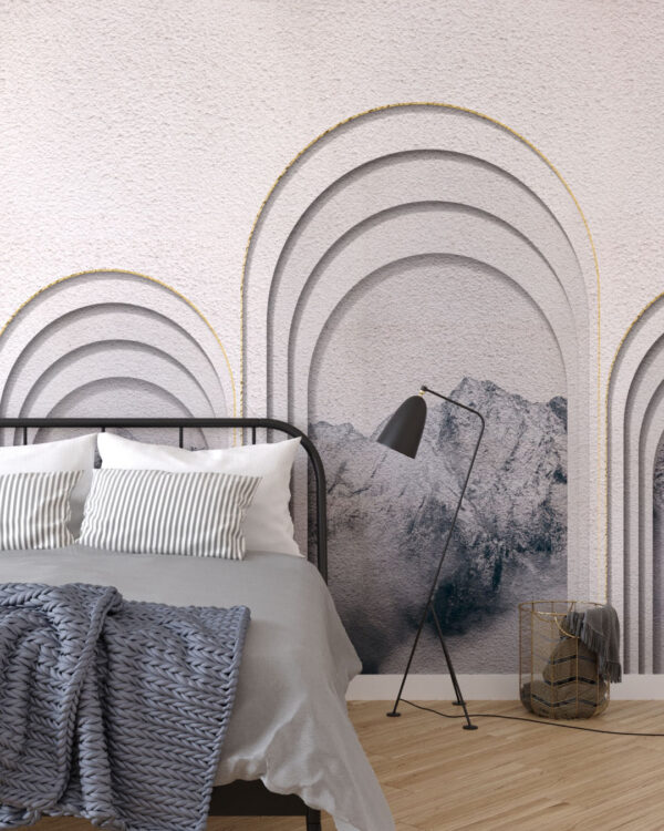 Фотообои арки с текстурой декоративной штукатурки на фоне гор в спальне