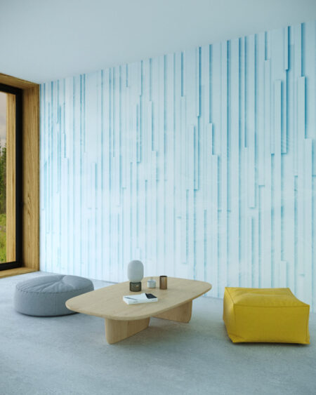 3Д шпалери геометрія панелей у світло-блакитних тонах у вітальні