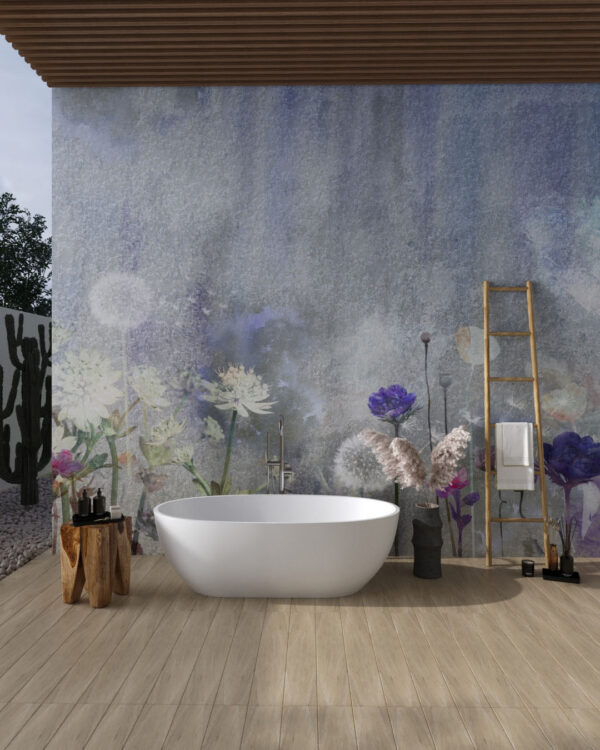 Фотообои одуванчики и другие полевые цветы на акварельном фоне в ванной