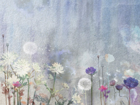 Фотообои одуванчики и другие полевые цветы на акварельном фоне