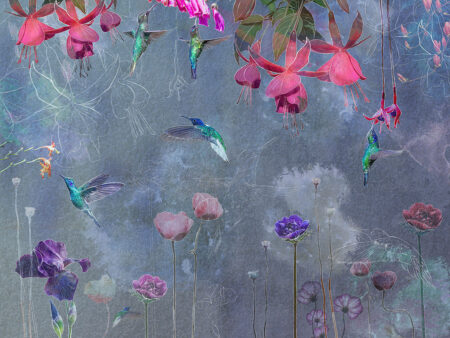 Обои красочные цветы с колибри и их контурами на светлом акварельном фоне
