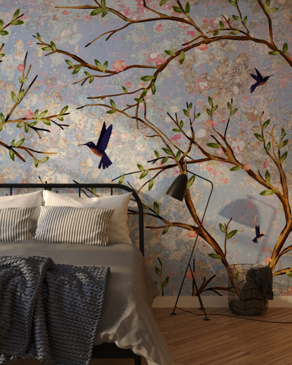 Фотообои колибри с ветками цветущих деревьев в графическом стиле в спальне