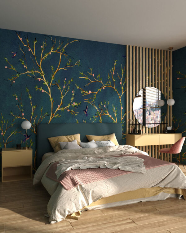 Фотошпалери колібрі та квітучі дерева на синьому тлі у спальні