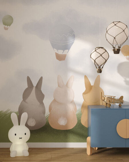 Фотошпалери кролики дивляться на повітряні кулі в небі у дитячій кімнаті