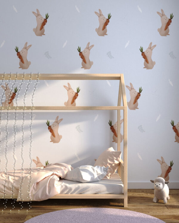 Шпалери із зайцями з морквою паттерн на блакитному тлі у дитячій кімнаті