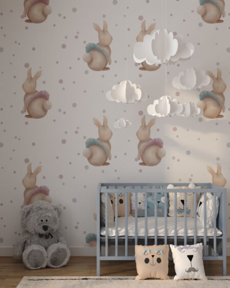 Фотошпалери для дитячої кімнати з патерном кроликів в пачках на білому тлі в горошок