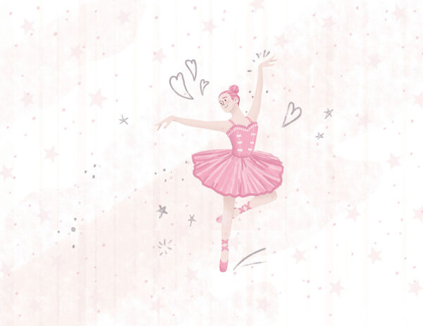 Фотошпалери з танцем балерини в рожевому на тлі з сердечками та зірочками