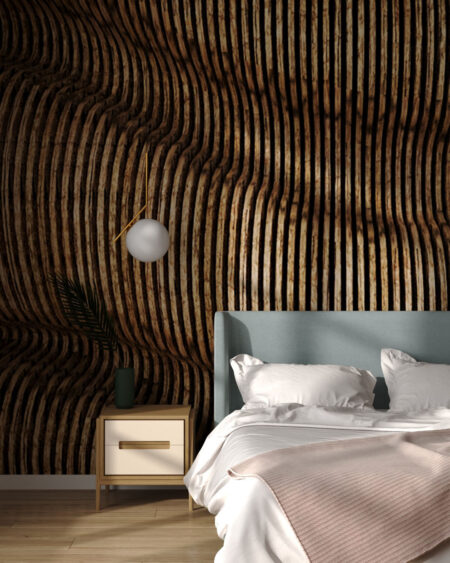 3Д обои текстура под дерево с волнистой структурой в коричневых оттенках в спальне