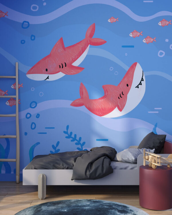 Фотошпалери з двома акулами рожевого кольору у морі в дитячій кімнаті