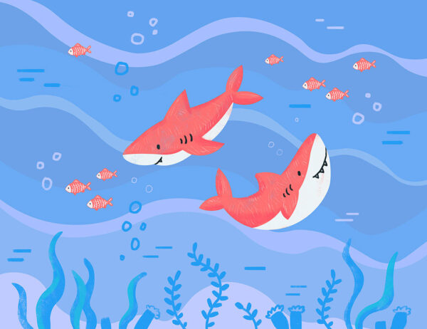 Дитячі фотошпалери з двома акулами рожевого кольору у морі