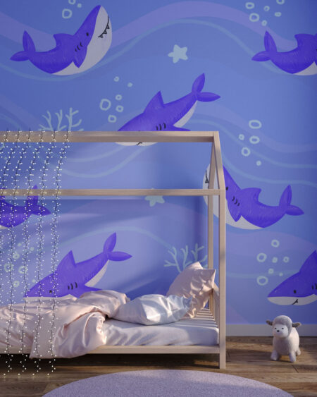 Фотошпалери з акулами фіолетового кольору у графічному стилі під водою у дитячій кімнаті