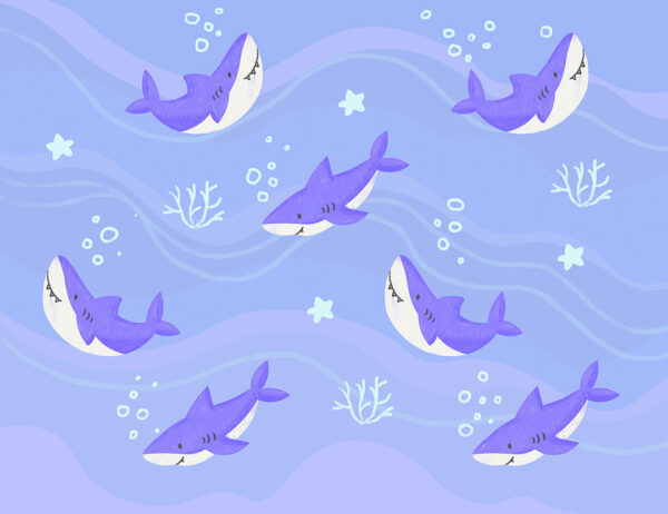 Фотошпалери з акулами фіолетового кольору у графічному стилі під водою у фіолетових відтінках