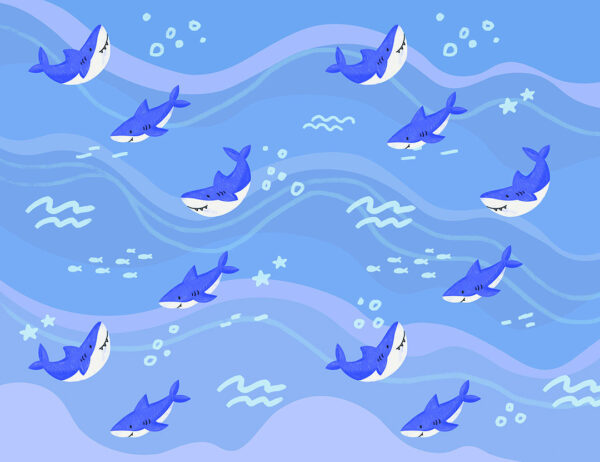 Детские обои с акулами синего цвета паттерн на фоне синих тонов
