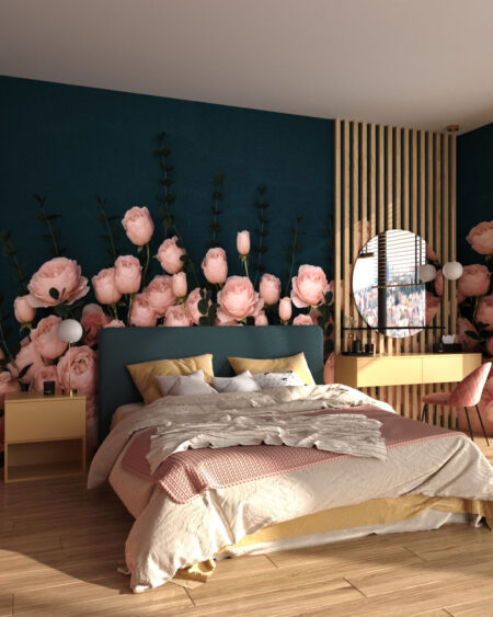 Дизайнерские фотообои розы розового цвета 3д на темно-синем фоне в спальне