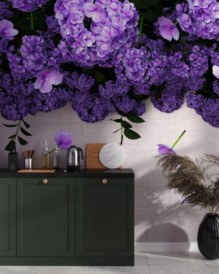 Фотообои 3д гортензия фиолетового цвета на сером фоне на кухне