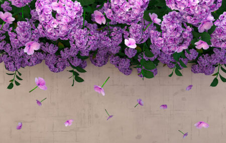 Фотообои 3д гортензия фиолетового цвета на сером фоне с текстурой декоративной штукатурки