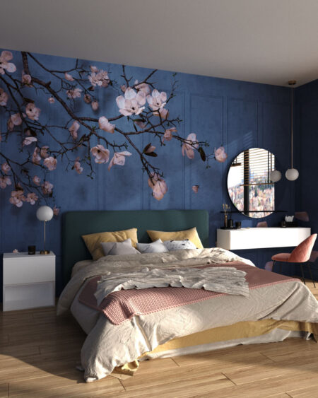 Фотообои ветка сакуры на декоративном синем фоне под панели в спальне