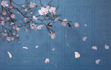 Фотообои ветка сакуры на декоративном синем фоне под панели