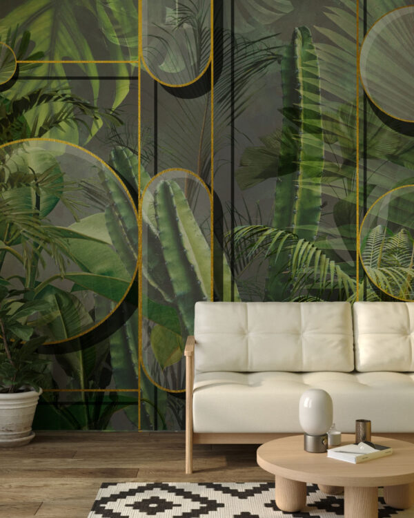 3d шпалери геометрія з тропічним листям і кактусами на темному тлі у вітальні