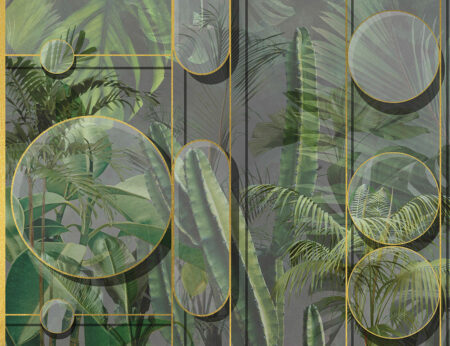 3d шпалери геометрія з тропічним листям і кактусами на темному тлі