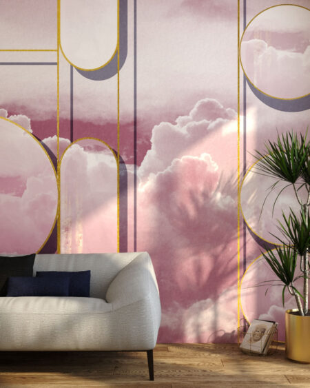Фотообои 3д геометрия с золотыми контурами на фоне с розовыми облаками в гостиной