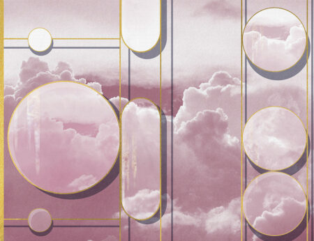 Фотообои 3д геометрия с золотыми контурами на фоне с розовыми облаками