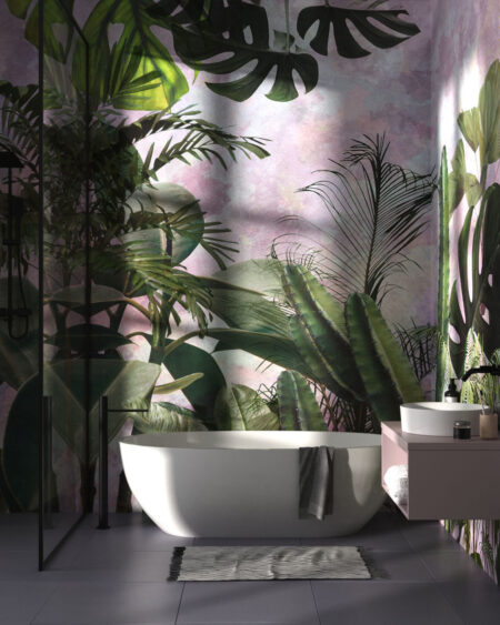 Шпарели тропічні листя і кактуси 3д шпалери на акварельному фоні у ванній