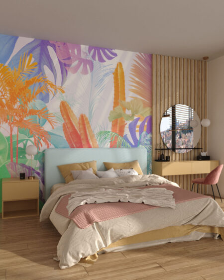 Обои тропические листья и кактусы 3д в ярких цветах на светлом фоне в спальне