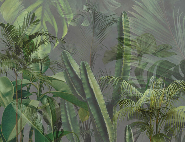 Обои тропические листья и кактусы 3д на сером фоне