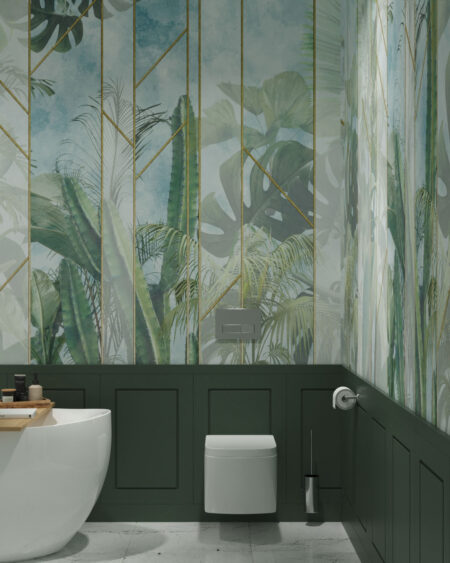 Обои тропические листья и кактусы 3д под стеклом на небесном фоне в ванной