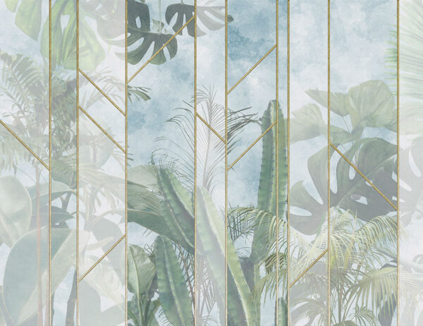 Обои тропические листья и кактусы 3д под стеклом на небесном фоне
