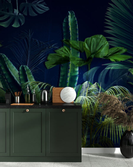 Фотошпалери на кухню з тропічним листям та кактусами на темно-синьому тлі