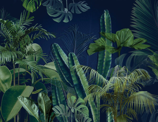 Обои тропические листья и кактусы 3д на темно-синем фоне