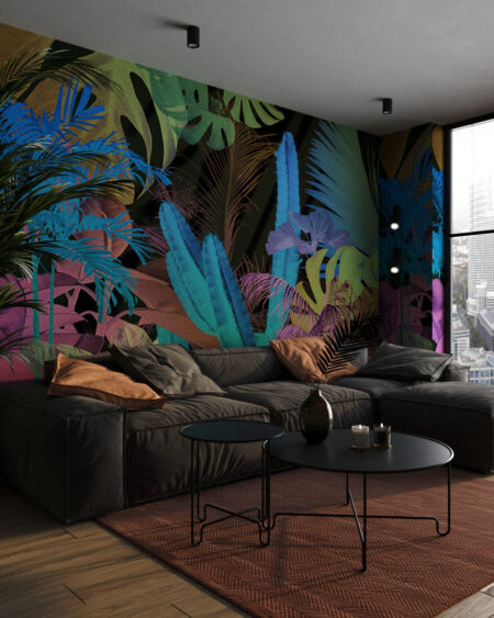 Обои тропические листья и кактусы 3д в ярких неоновых цветах на черном фоне в гостиной