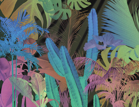 Обои тропические листья и кактусы 3д в ярких неоновых цветах на черном фоне
